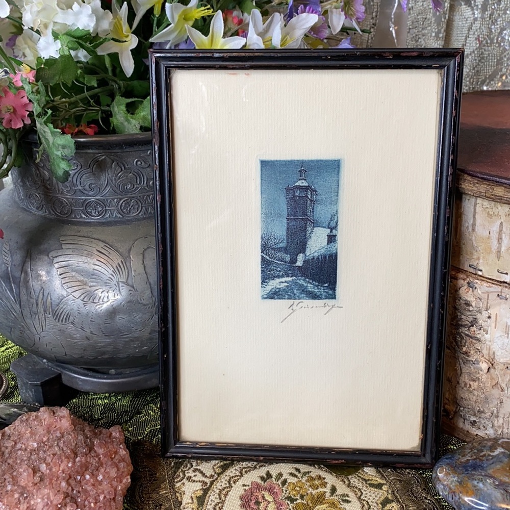 .- Vintage Framed Etching Of Castle - Signed by Artist in Pencil